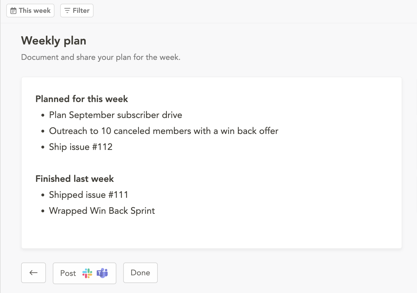The weekly objectives view in Sunsama