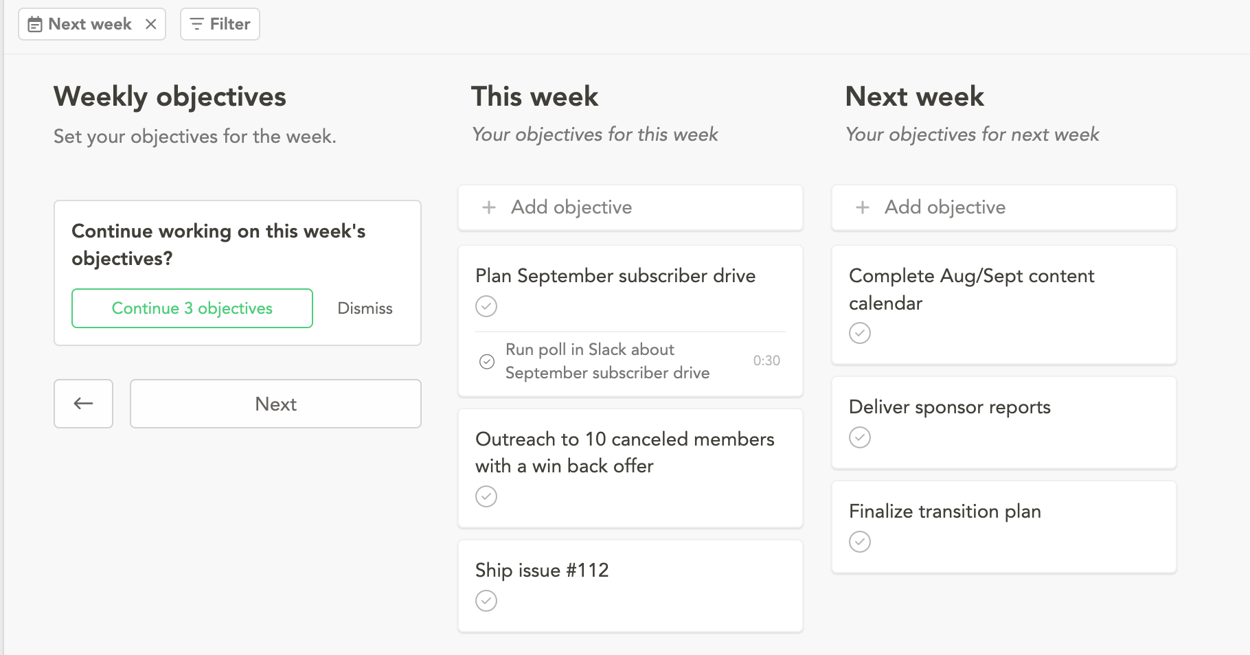 Screenshot of weekly objectives view in Sunsama