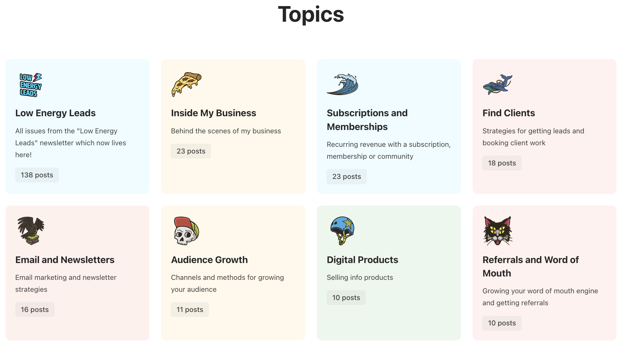 Screenshot of the topics page showing the first 8 topics