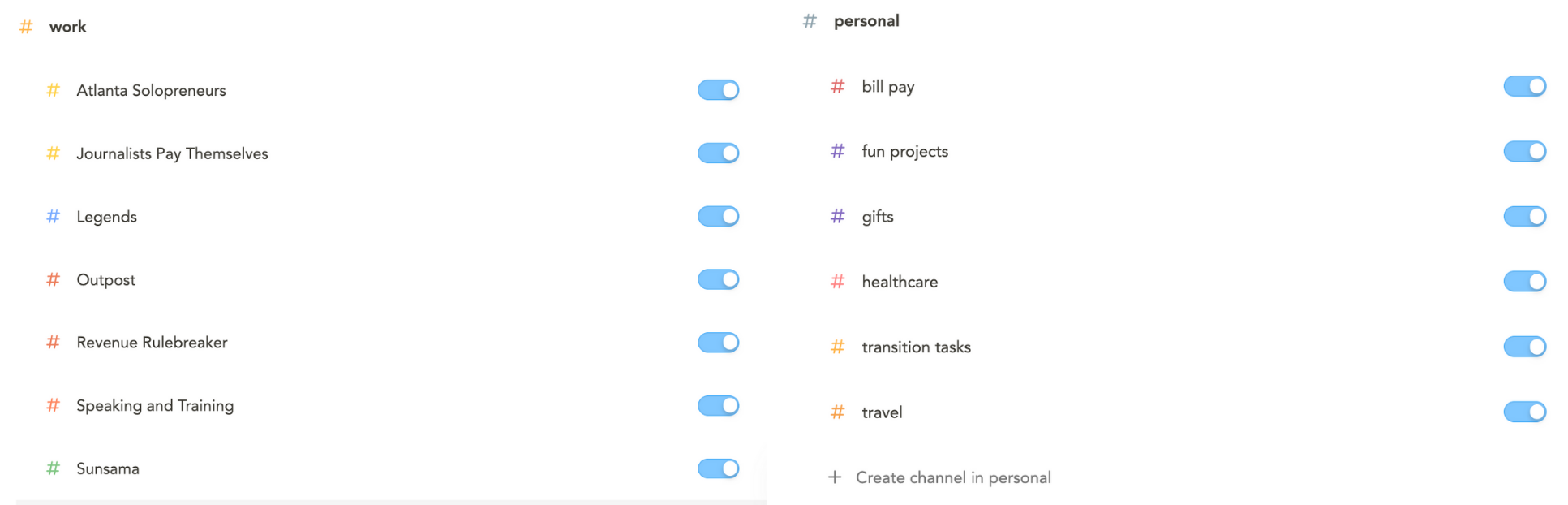 My channels in Sunsama