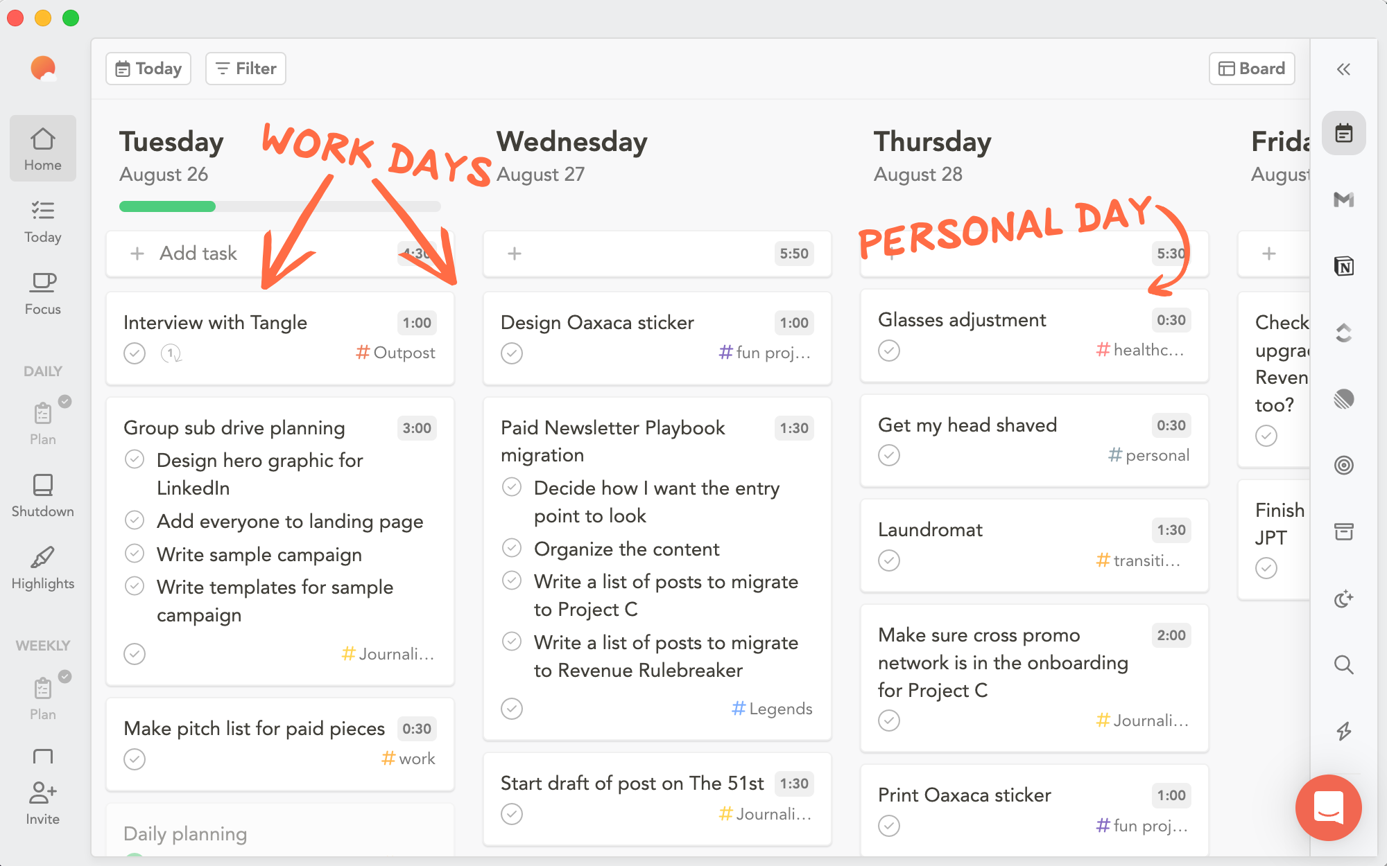 A view of my Sunsama dashboard (work and personal are labeled and you see all my tasks)