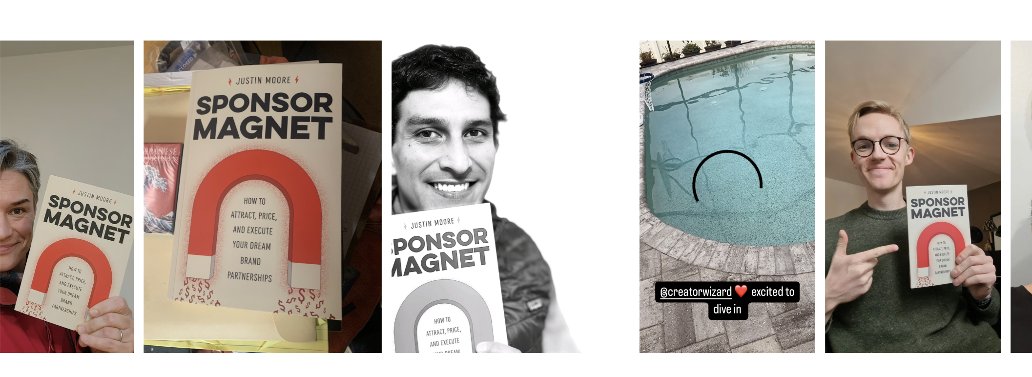 A carousel from Justin Moore's website showing readers holding his book "Sponsor Magnet"