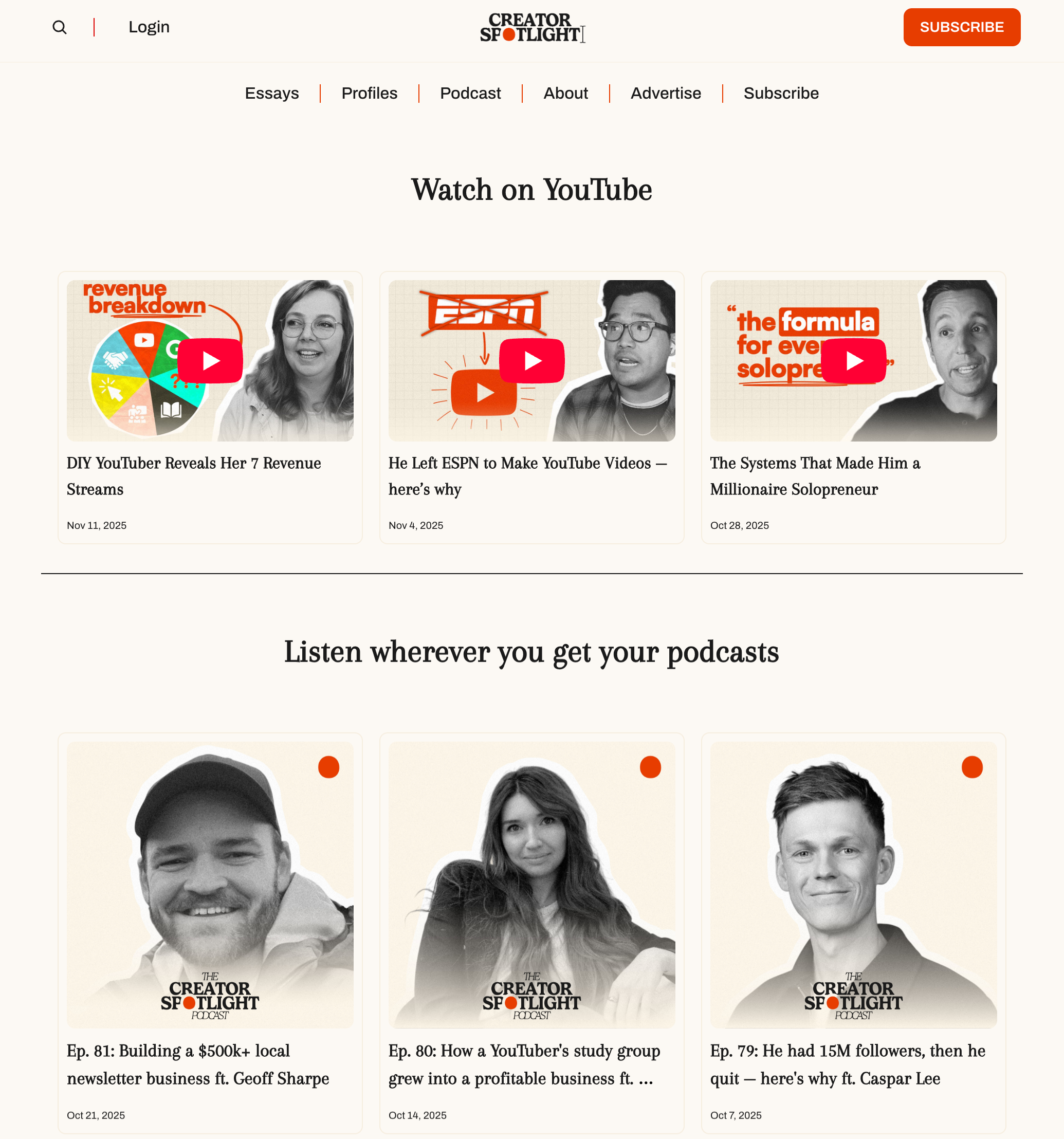 beehiiv's new podcast and YouTube integration as shown on Creator Spotlight
