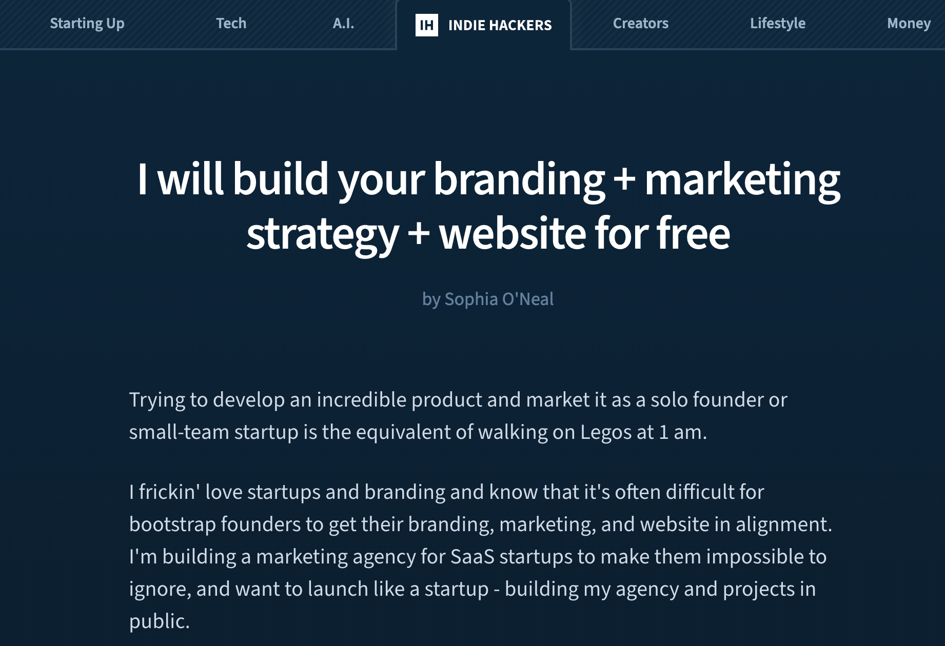 Screenshot from Sophia's launch on Indie Hackers