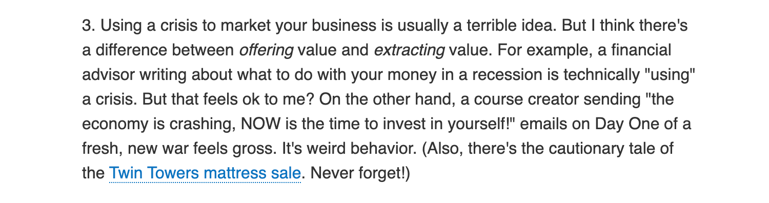 Excerpt from an email Lib Aubuchon sent her list on March 10 about "marketing when everything is on fire"