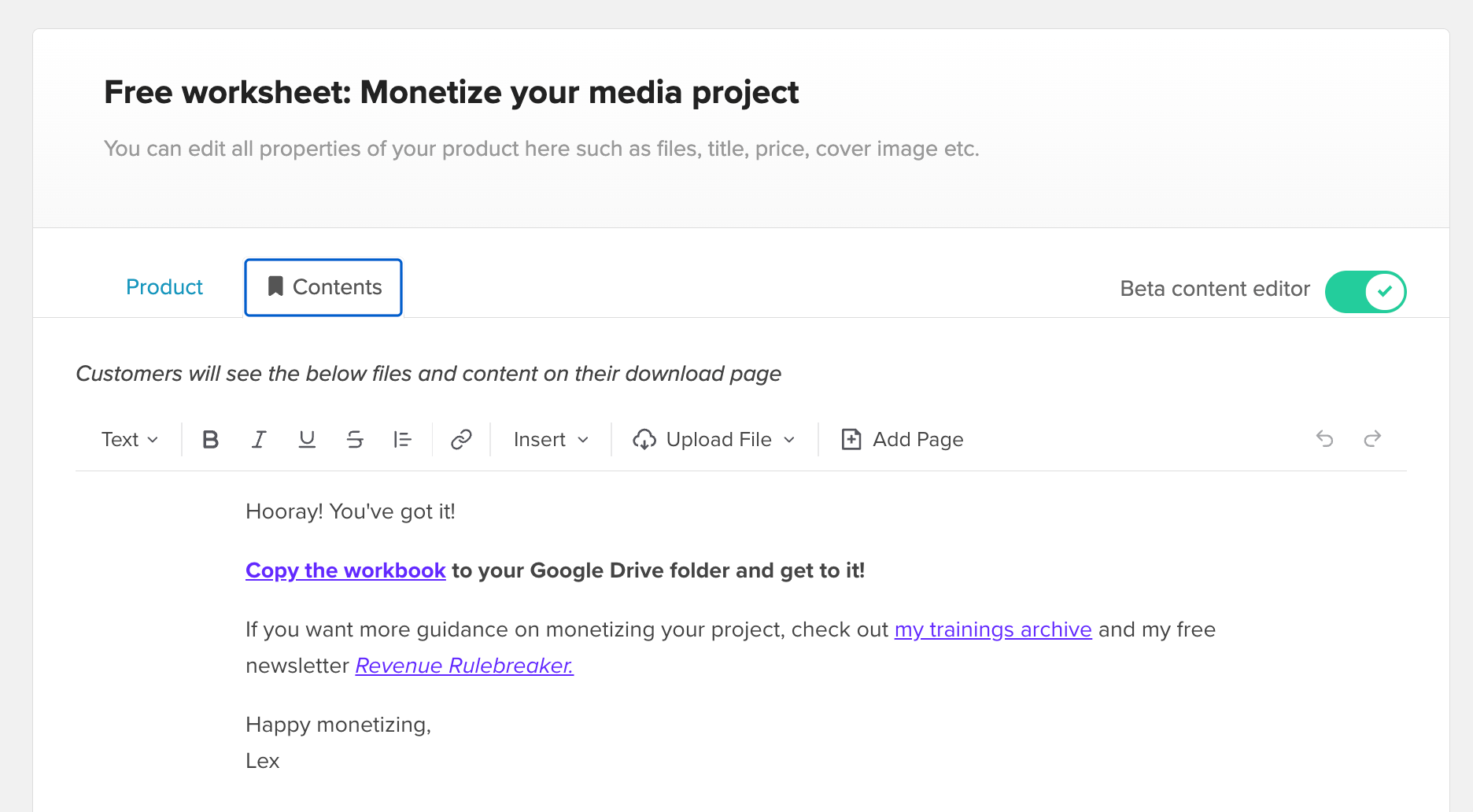 Payhip's beta content editor lets you link to templates