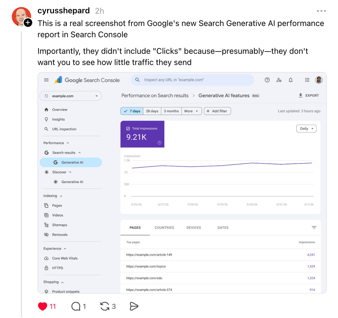 Cyrus Shepard shares a first look at the AI results in Google Search Console