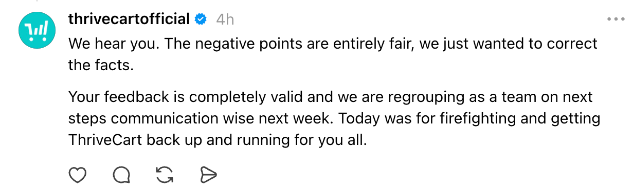 ThriveCart's social reply on Threads to a customer.