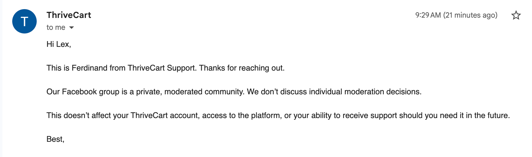 ThriveCart's response to my question