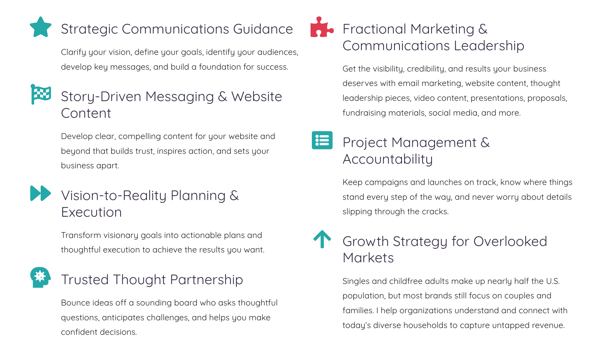 Allison Boaz's service page listing Fractional Marketing and Communications Leadership
