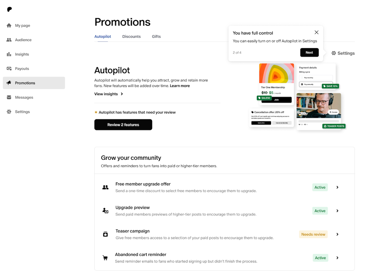 Patreon's automation dashboard (from their support docs)