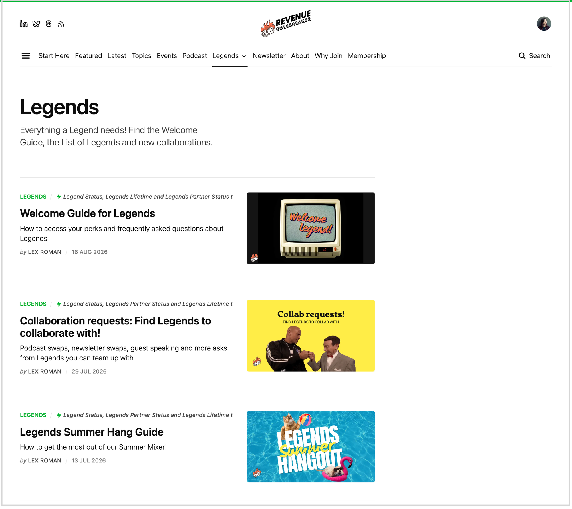 The new Legends news section