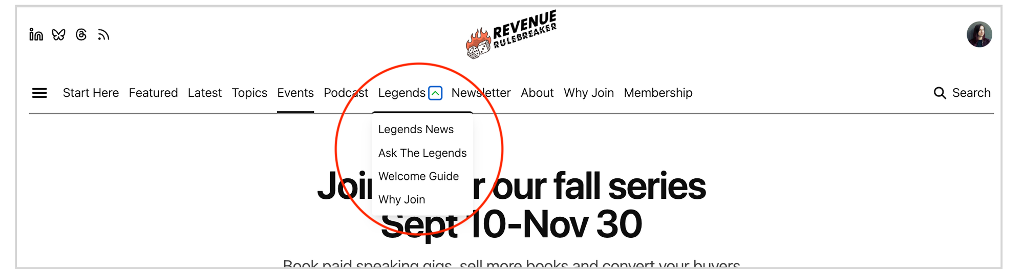 The new Legends menu