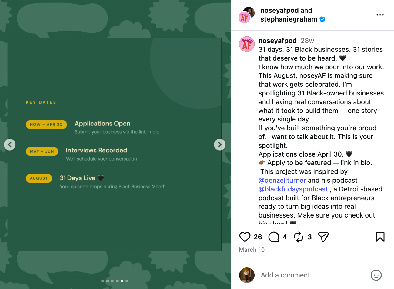 Stephanie's Instagram post showing the process for business owners to apply for the series