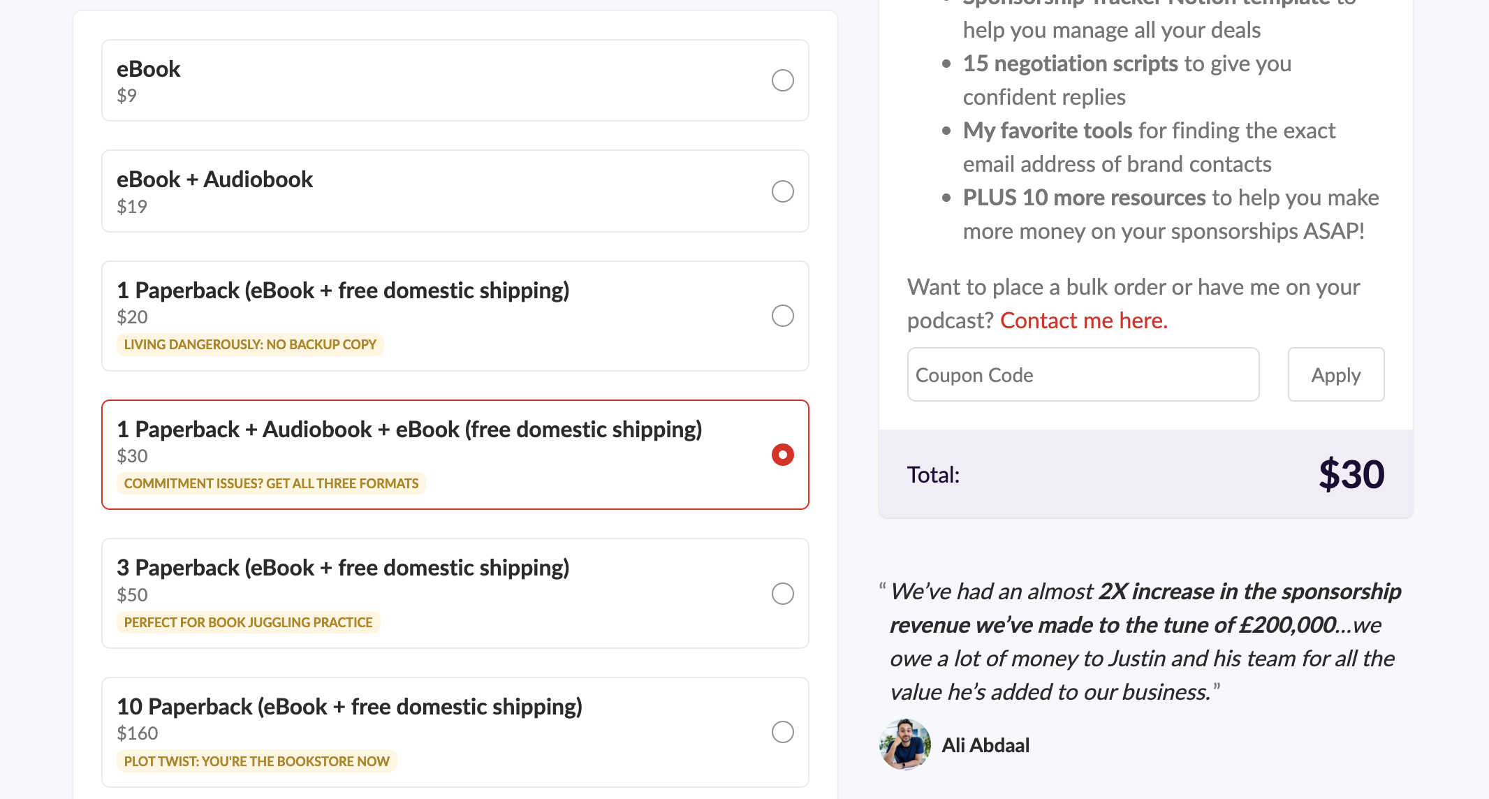 Justin's checkout defaults to a bundle